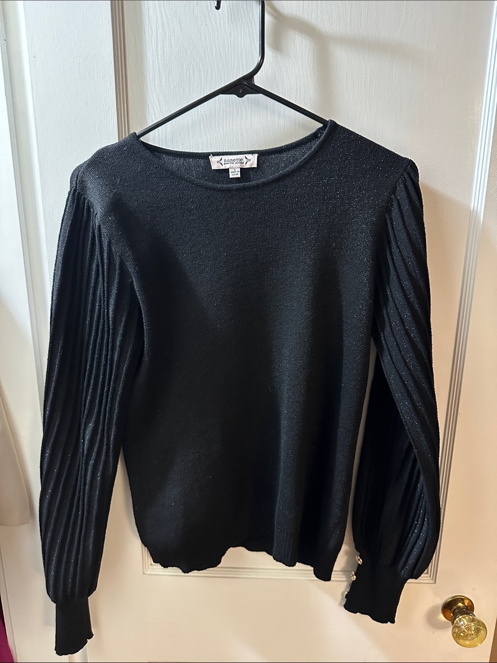 Nanette Lepore Black Crewneck sparkle  Sweater with Pleated Puff Sleeves